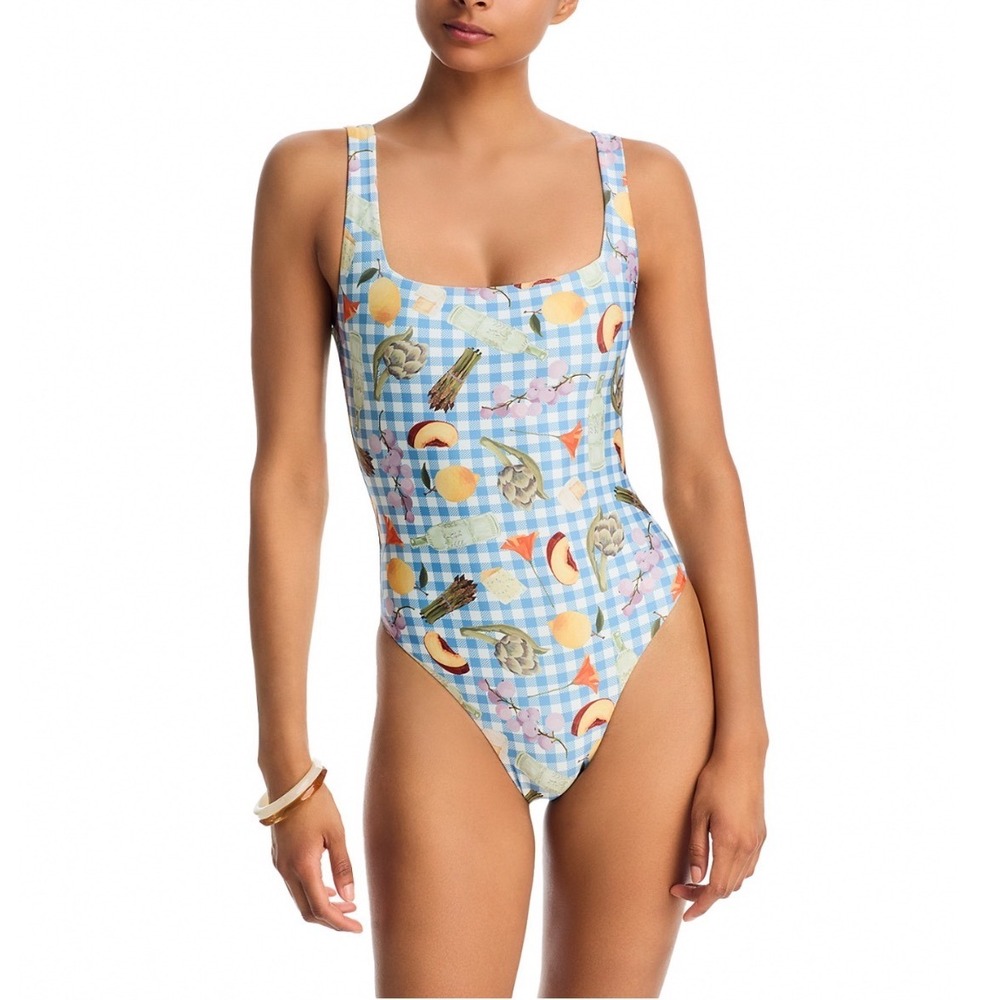 Aqua x Lisa Says Gah Blue Gingham Picnic Print One Piece Swimsuit Large NEW